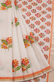 White Huda Print Silk Cotton Saree 10067317 - Avishya