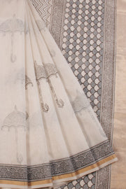 White Huda Print Silk Cotton Saree 10067318 - Avishya