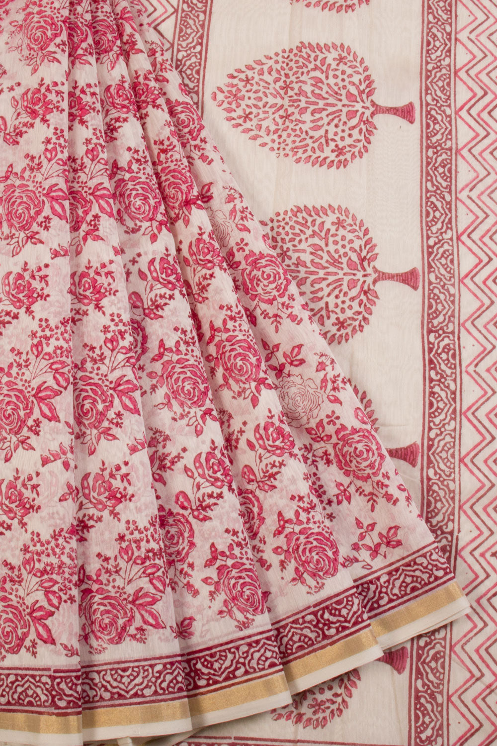 White Huda Print Silk Cotton Saree 10067319 - Avishya