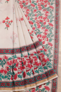 White Huda Print Silk Cotton Saree 10067320 - Avishya