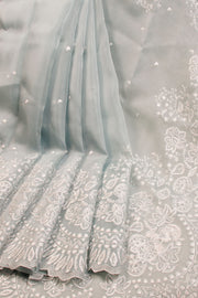 Grey Hand Embroidered Pure Silk Organza Saree - Avishya