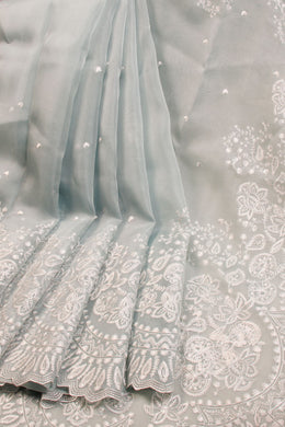 Grey Hand Embroidered Pure Silk Organza Saree - Avishya