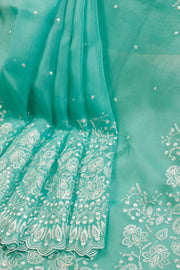 Green Hand Embroidered Pure Silk Organza Saree -Avishya