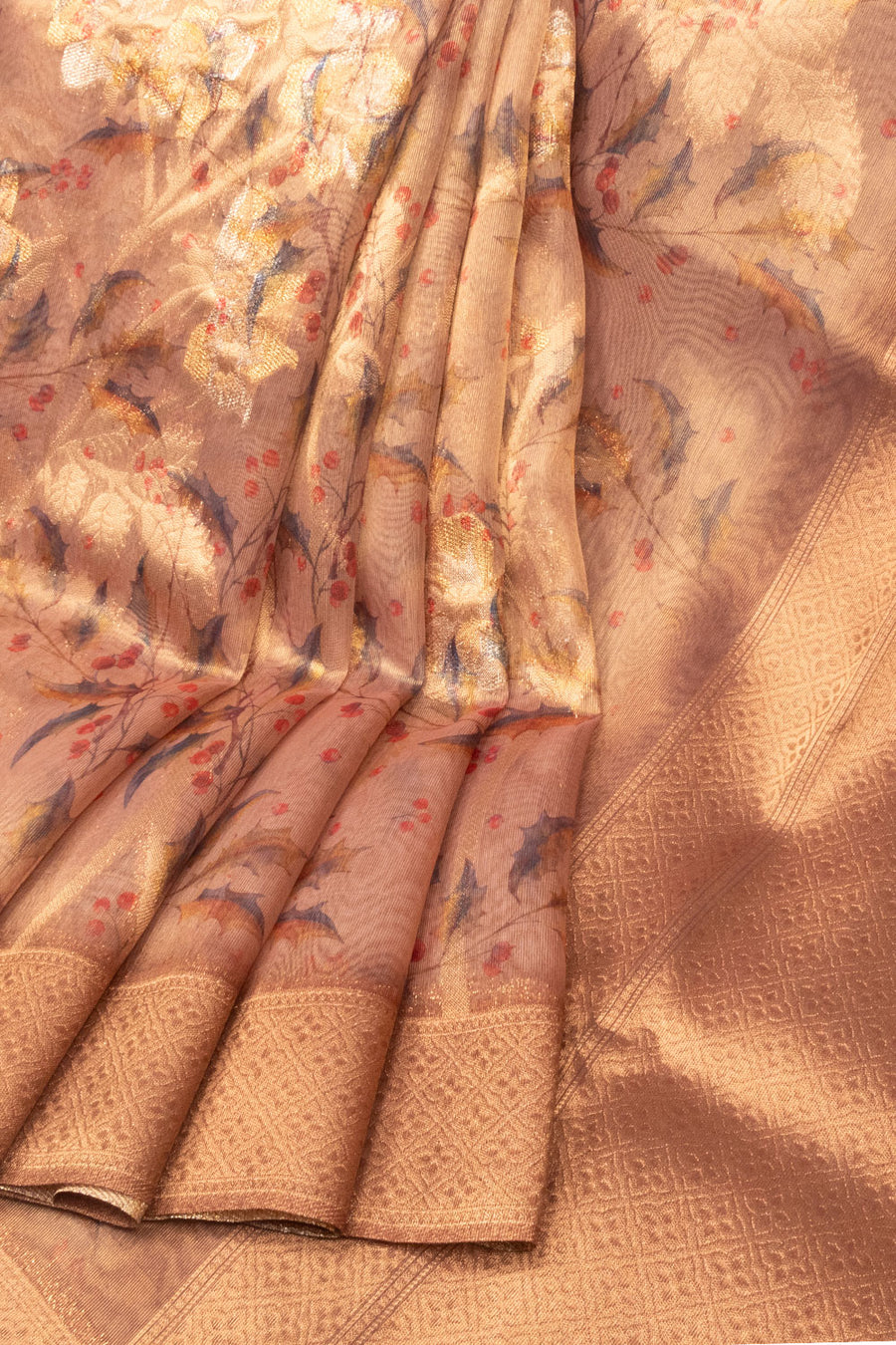 Golden Pink Floral Printed Tissue Organza Saree - Avishya