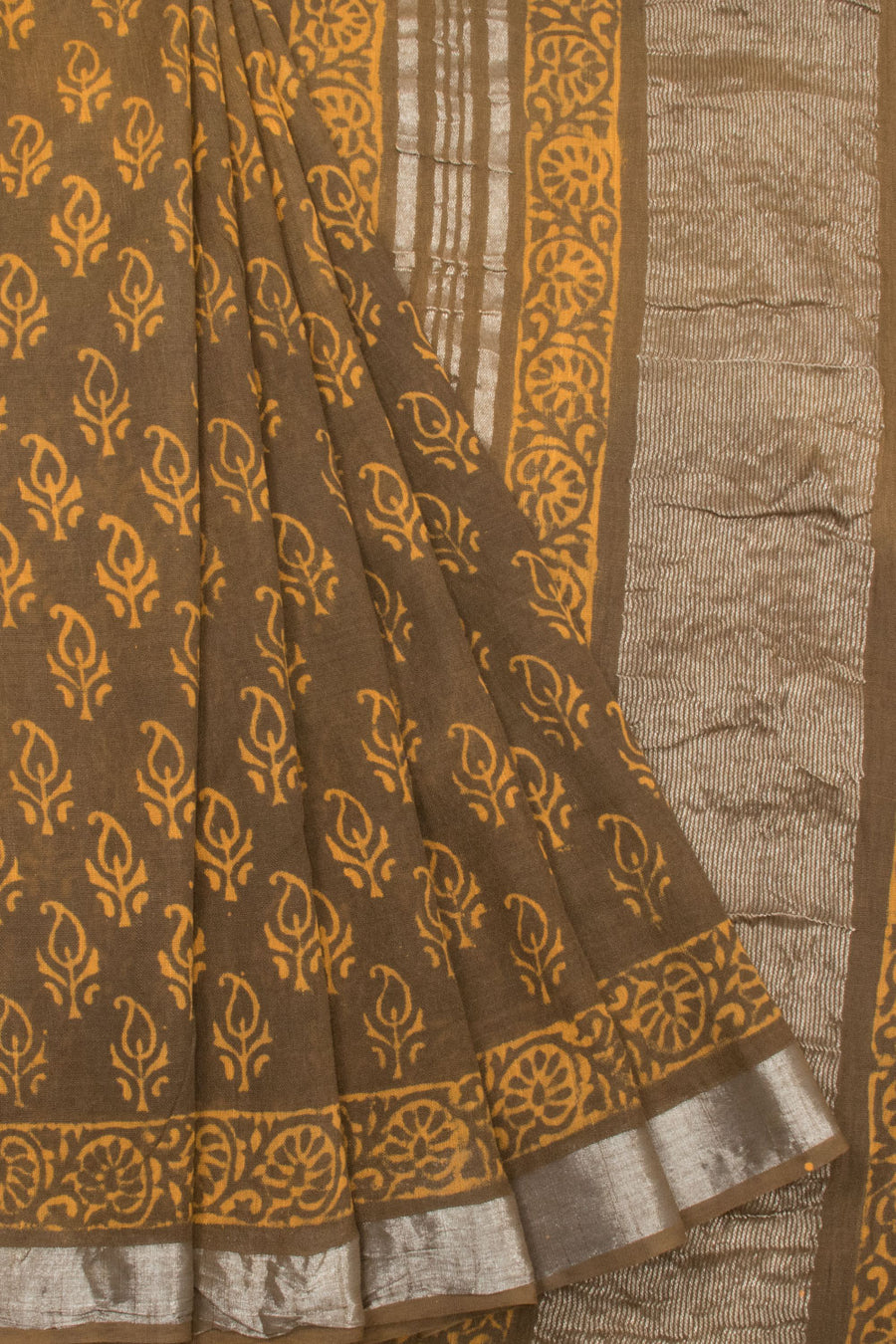 Brown Hand Block Printed linen saree -Avishya