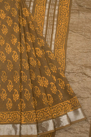 Brown Hand Block Printed linen saree - Avishya