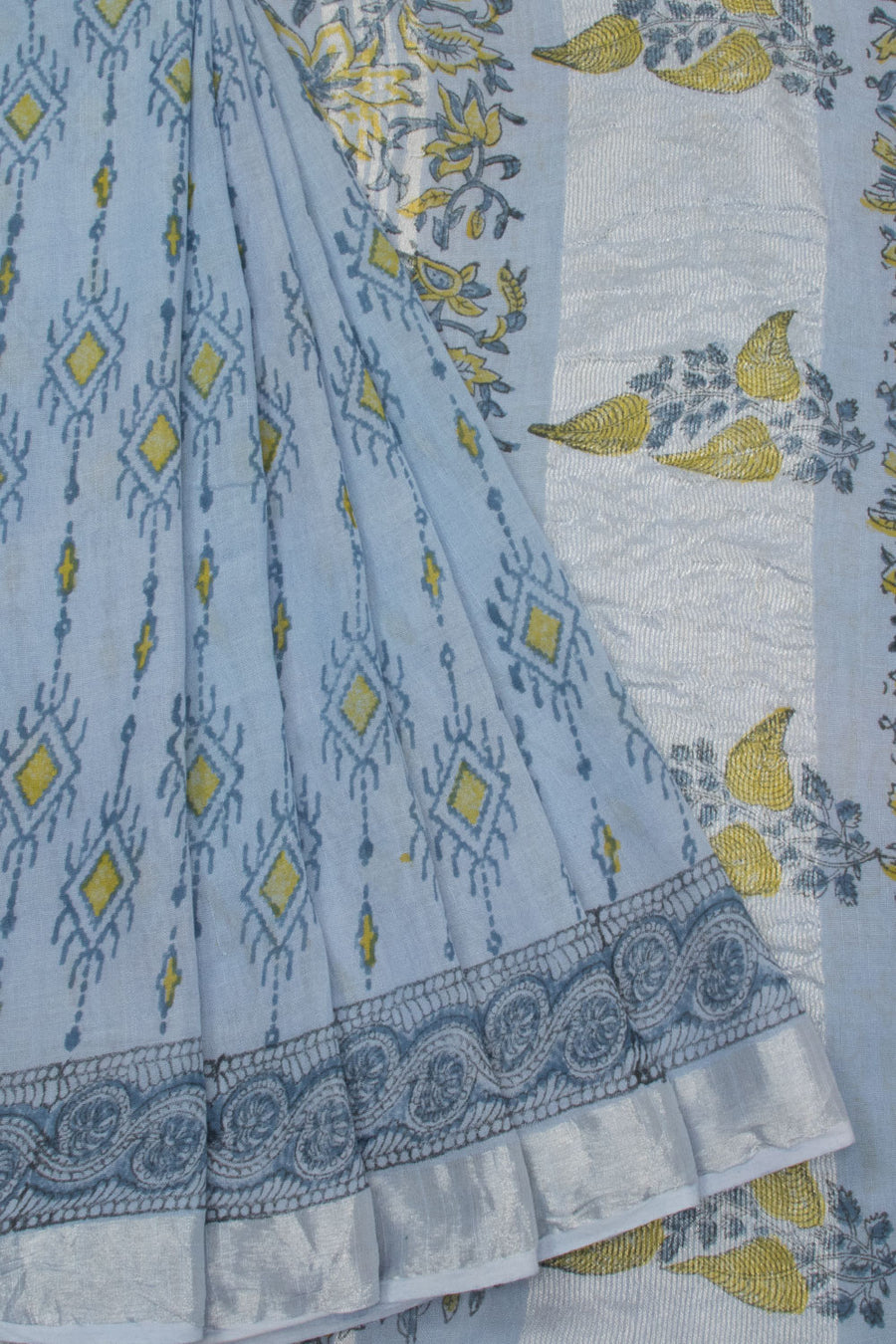 Light Blue Hand Block Printed linen saree-Avishya