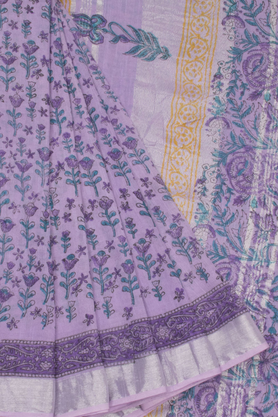 Lavender Hand Block Printed linen saree-Avishya