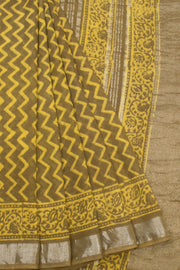 Brown Hand Block Printed linen saree-Avishya