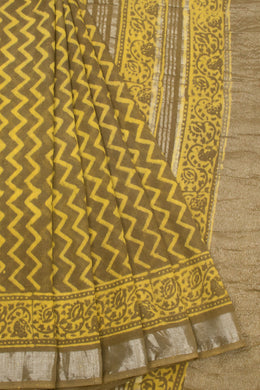 Brown Hand Block Printed linen saree-Avishya