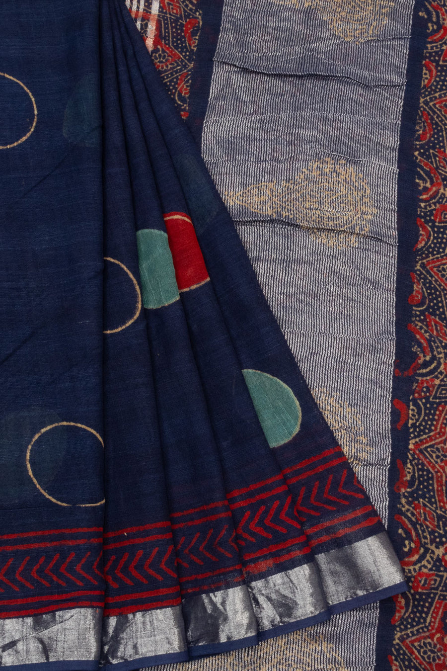Midnight Blue Hand Block Printed linen saree -Avishya
