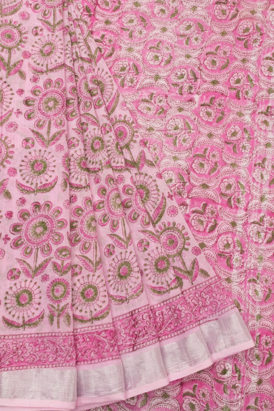 Pastel Pink Hand Block Printed linen saree-Avishya