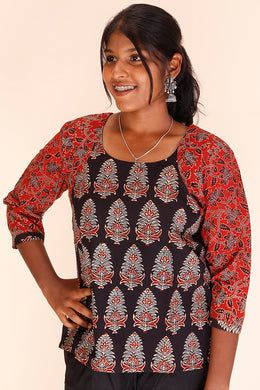 Black Short Ajrakh Cotton Top 10067389 - Avishya