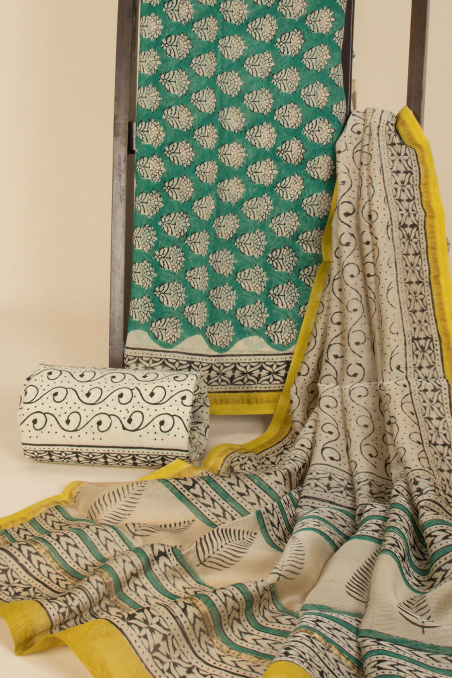 Green Hand Block Printed Silk Cotton 3-Piece Salwar Suit Material - Avishya
