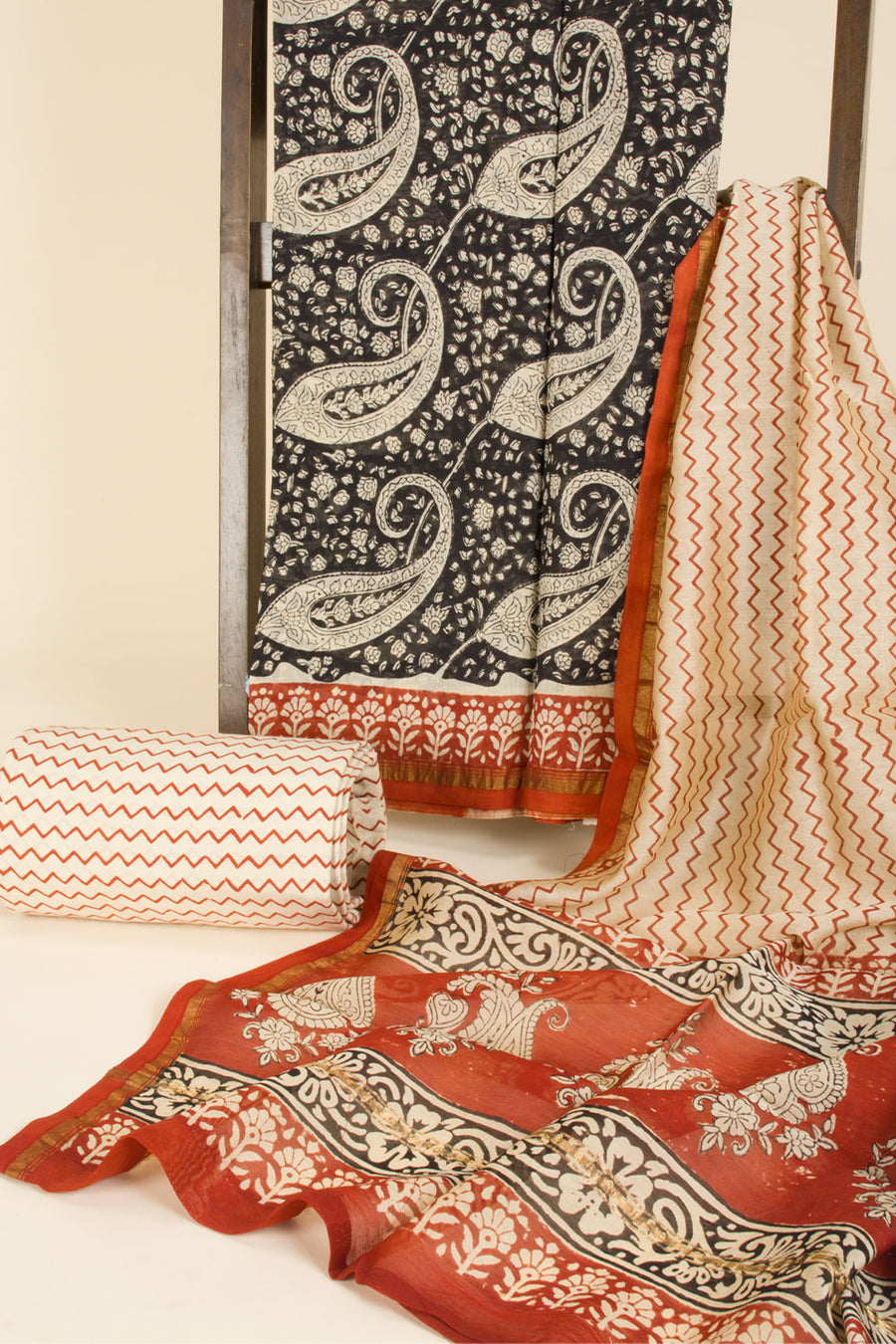 Black Hand Block Printed Silk Cotton 3-Piece Salwar Suit Material - Avishya
