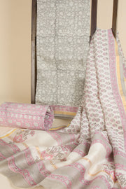 Grey Hand Block Printed Silk Cotton 3-Piece Salwar Suit Material - Avishya
