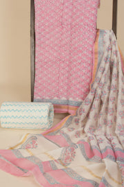 Pink Hand Block Printed Silk Cotton 3-Piece Salwar Suit Material - Avishya