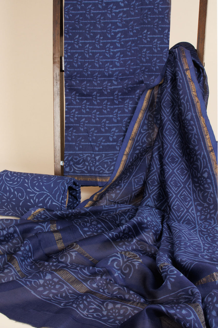 Blue Vanaspathi Printed Silk Cotton 3-Piece Salwar Suit Material   - Avishya