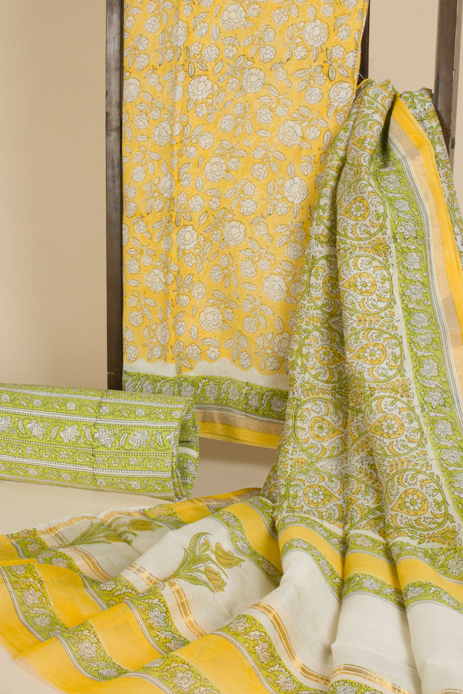 Yellow Vanaspathi Printed Silk Cotton 3-Piece Salwar Suit Material- Avishya
