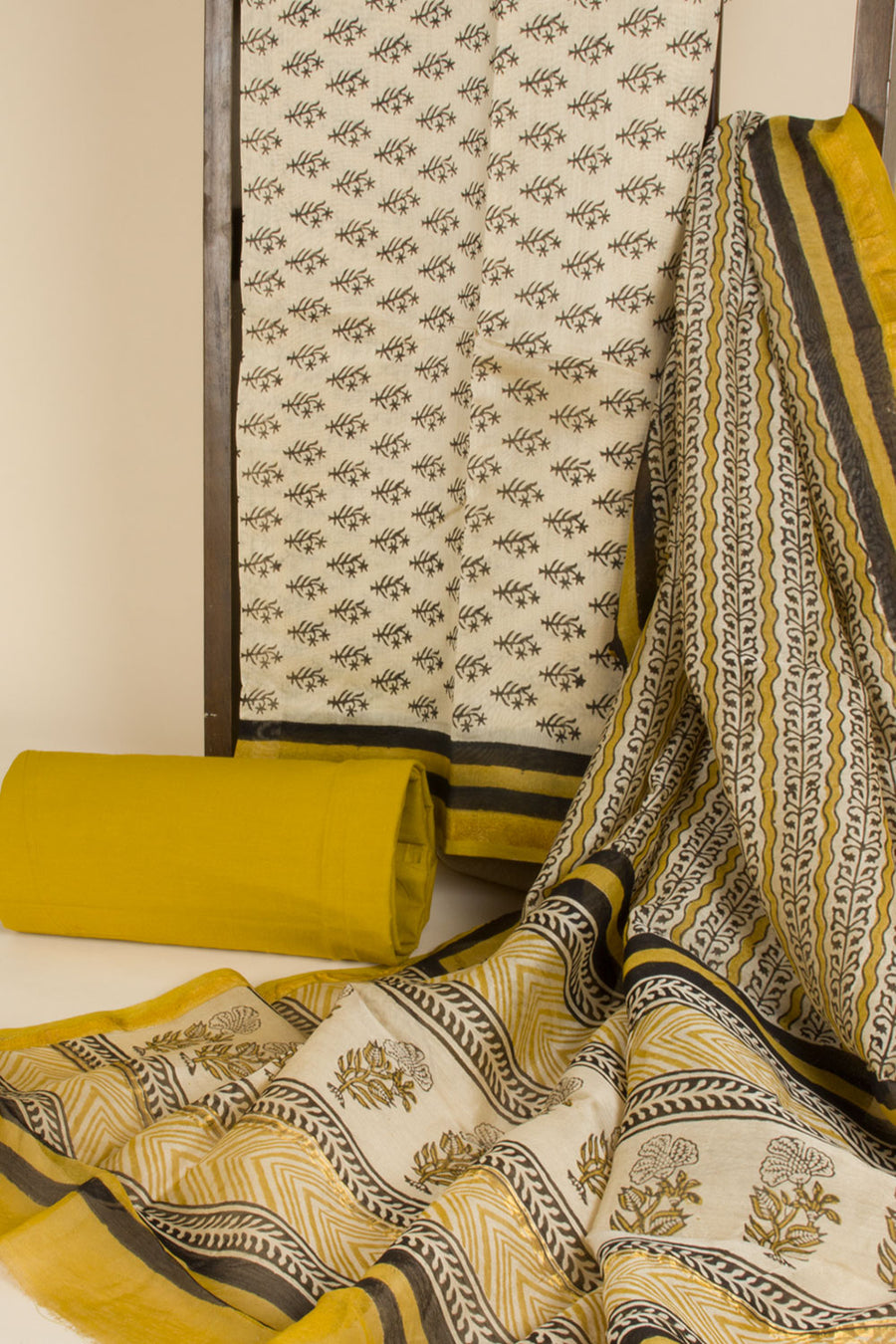 Beige Vanaspathi Printed Silk Cotton 3-Piece Salwar Suit Material  - Avishya