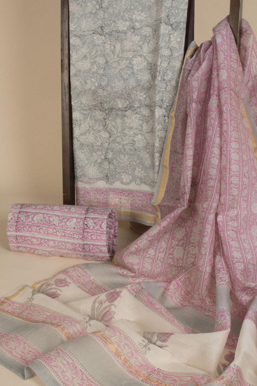 Beige Vanaspathi Printed Silk Cotton 3-Piece Salwar Suit Material- Avishya