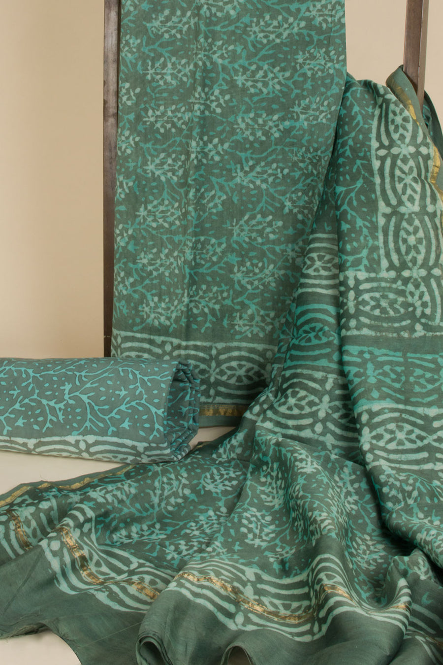 Green Vanaspathi Printed Silk Cotton 3-Piece Salwar Suit Material - Avishya