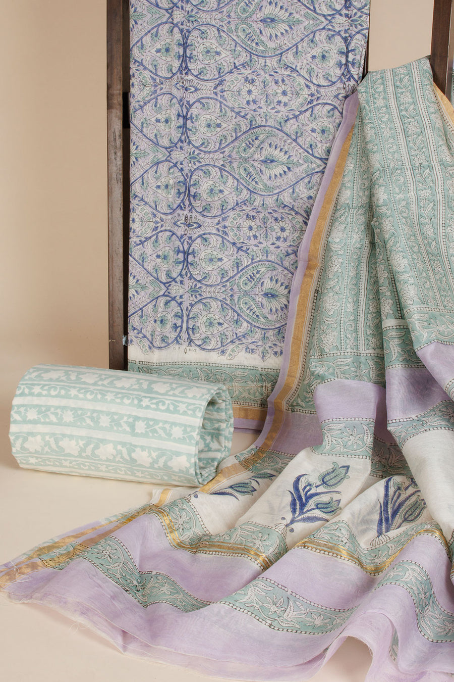 Beige Vanaspathi Printed Silk Cotton 3-Piece Salwar Suit Material  - Avishya