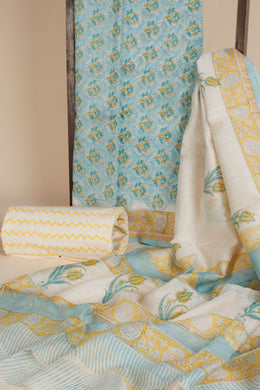 Blue Vanaspathi Printed Silk Cotton 3-Piece Salwar Suit Material  - Avishya