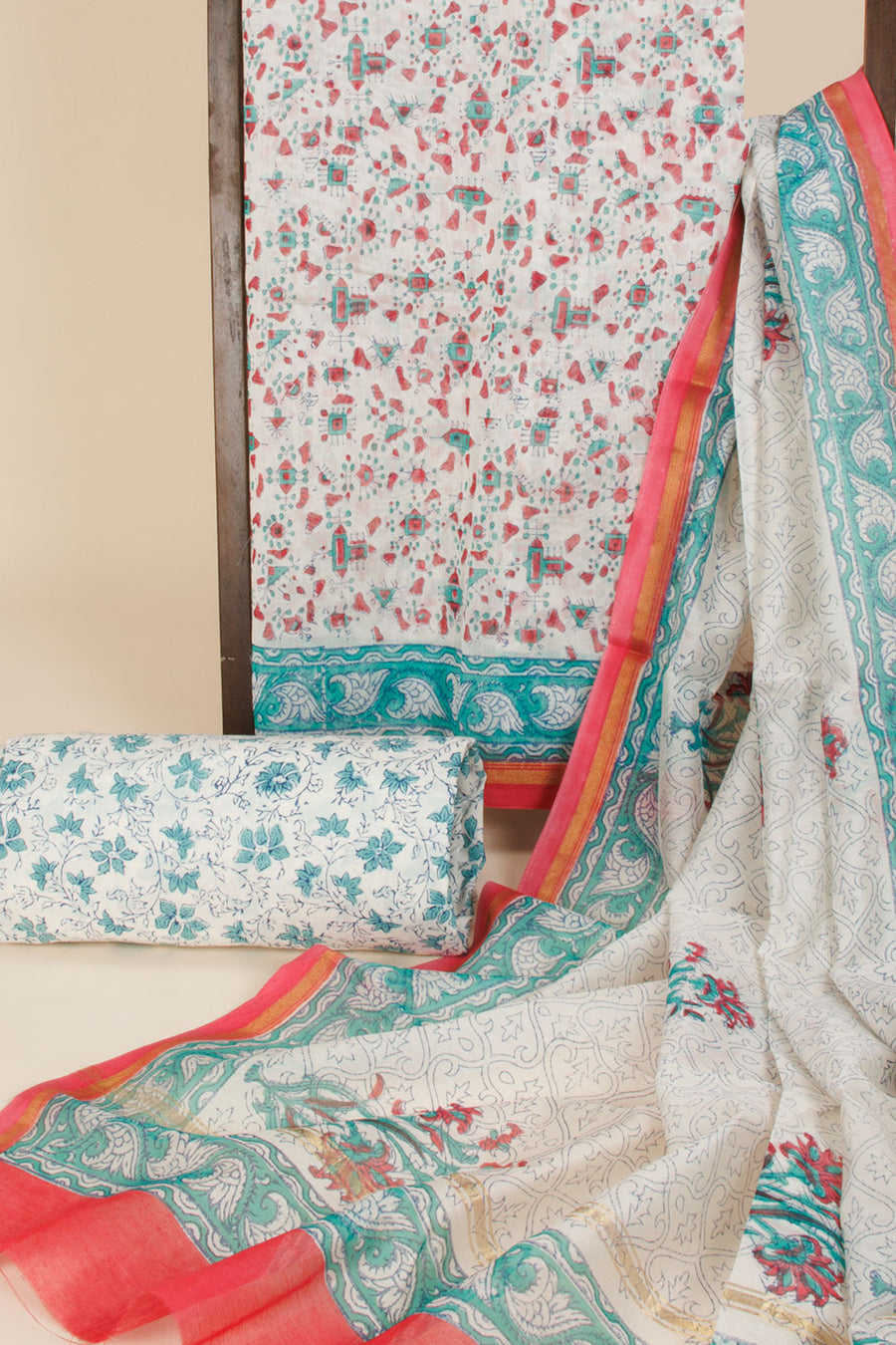 White Vanaspathi Printed Silk Cotton 3-Piece Salwar Suit Material With Printed Dupatta - Avishya