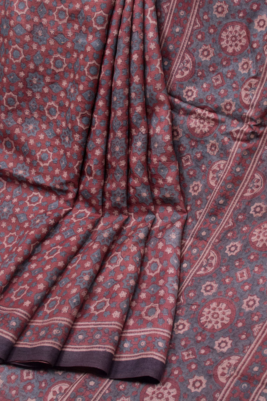 Maroon Ajrakh Printed Tussar Silk Saree - Avishya