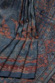 Blue Ajrakh Printed Mulberry Silk Saree - Avishya