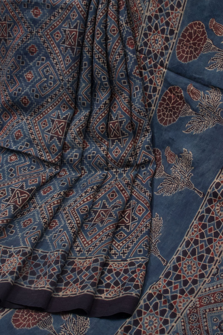 Blue Ajrakh Printed Mulberry Silk Saree - Avishya