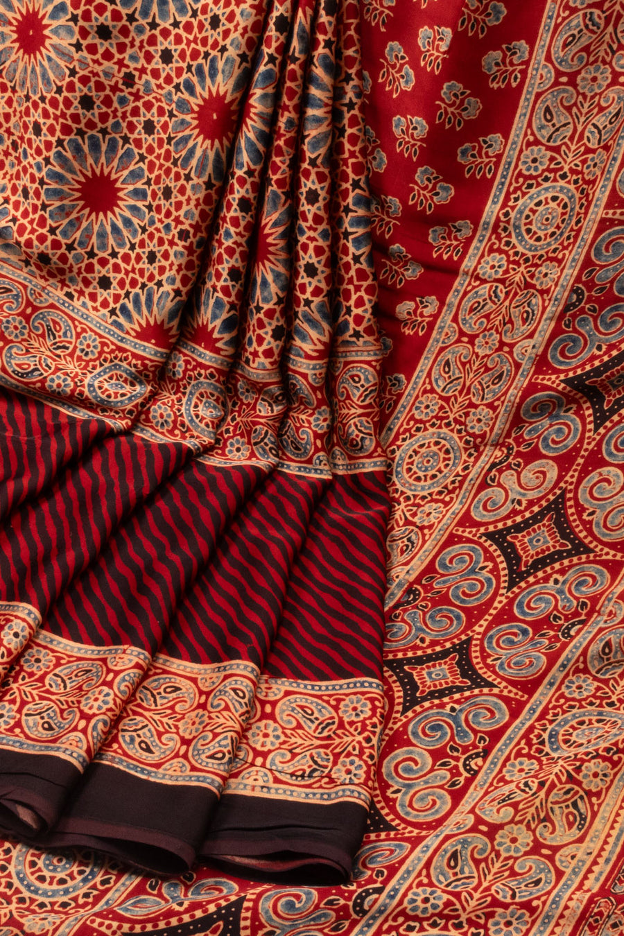 Red Ajrakh Modal Silk Saree - Avishya
