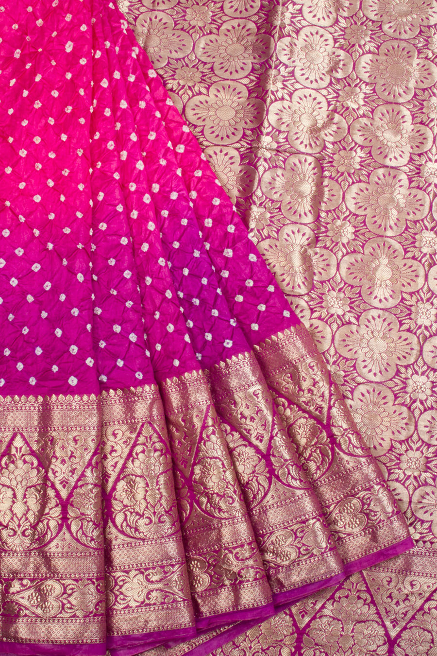 Hot Pink Kanjivaram Pure Silk Bandhani Saree  - Avishya