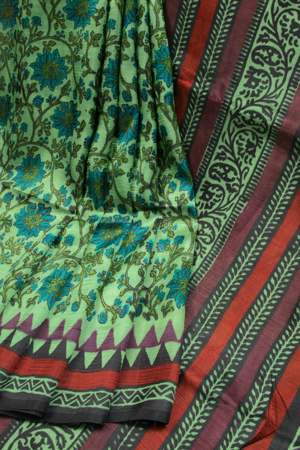 Mint Green Hand Block Printed Silk Saree -Avishya