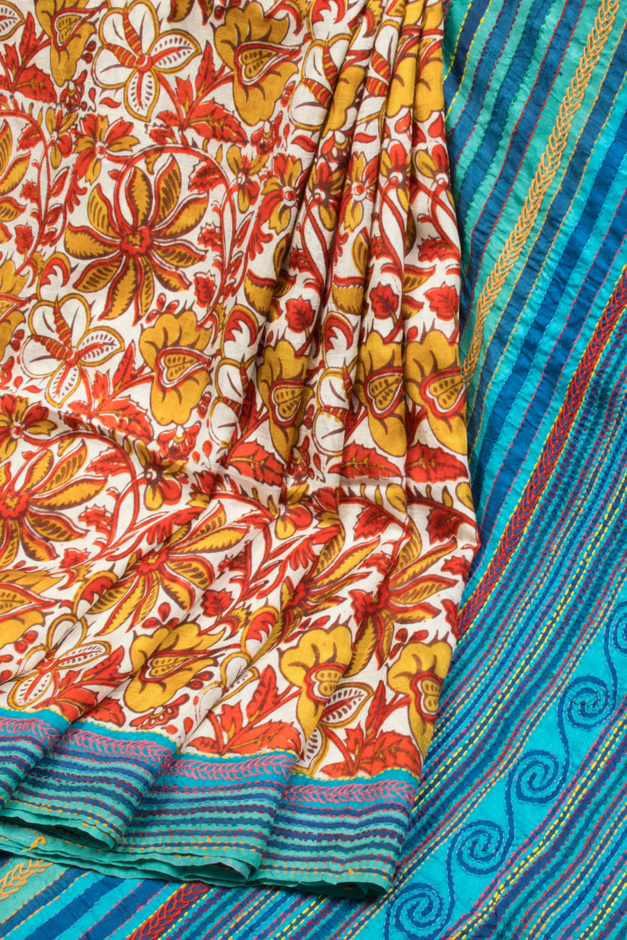 Cream Kantha Embroidered Silk Saree-Avishya