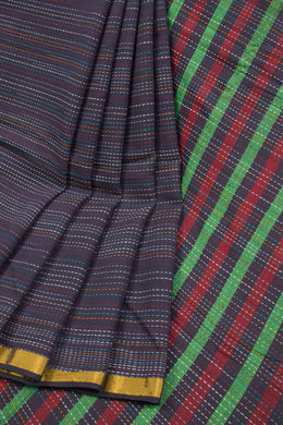 Denim Blue Kantha Embroidered Cotton Saree-Avishya