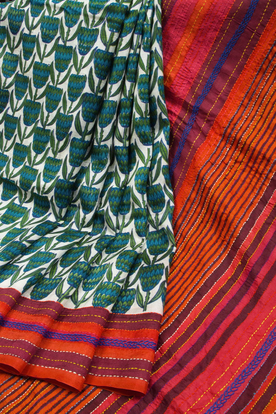 Offwhite Kantha Embroidered Silk Saree-Avishya