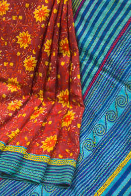 Falu Red Kantha Embroidered Silk Saree -Avishya