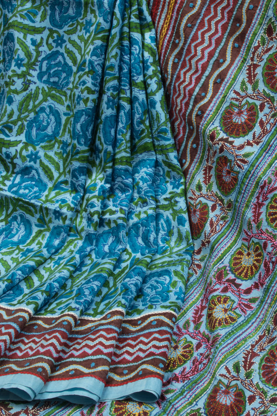 Neon Blue Kantha Embroidered Silk Saree -Avishya
