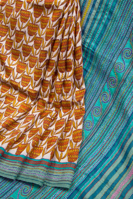 Cream Kantha Embroidered Silk Saree -Avishya