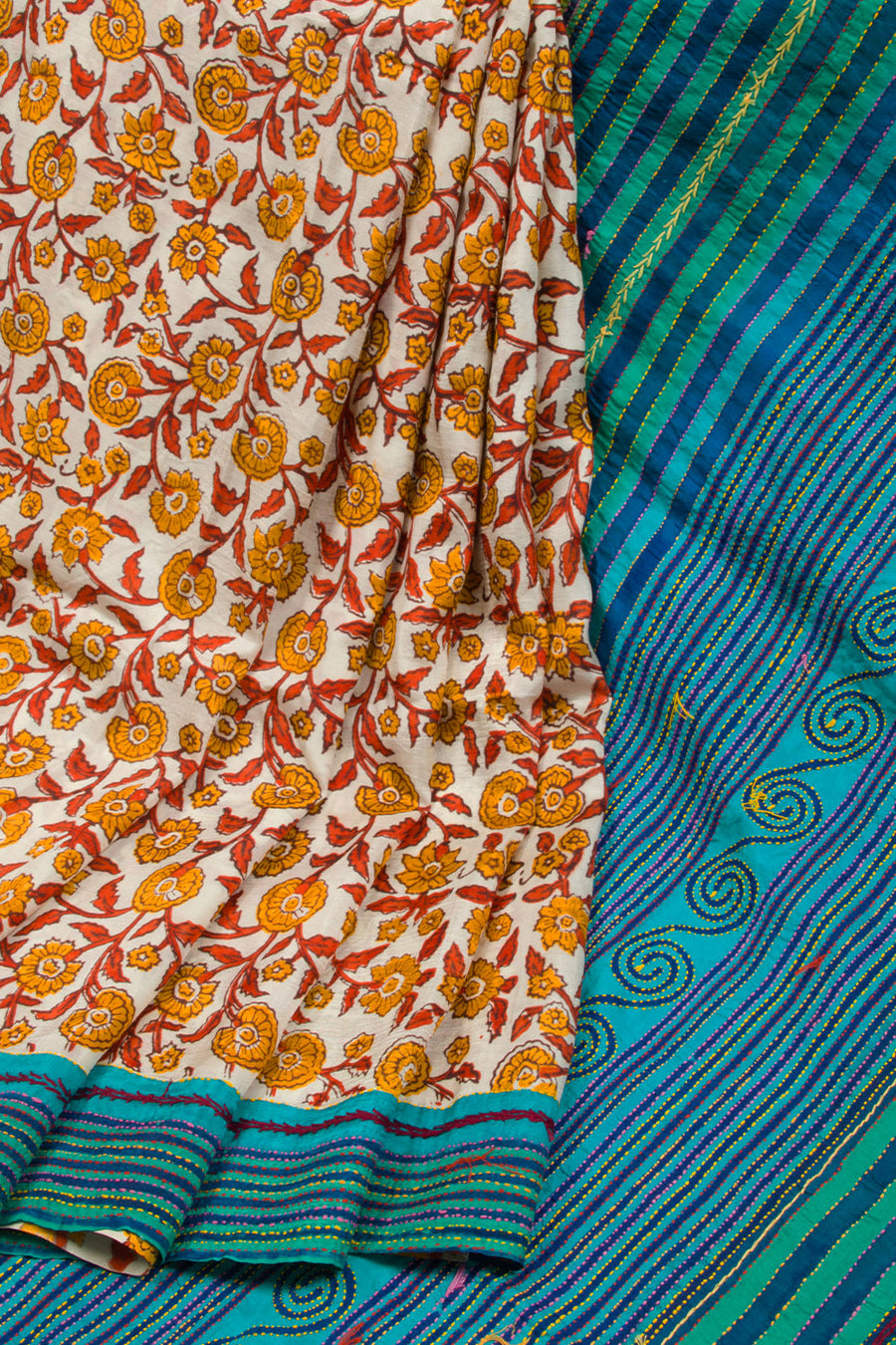 Cream Kantha Embroidered Silk Saree-Avishya