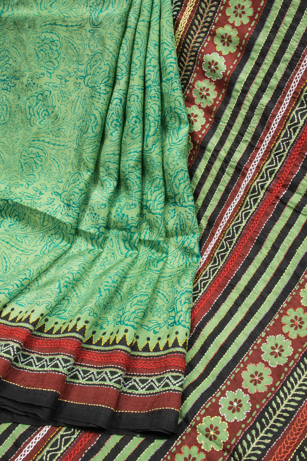 Mint Green Kantha Embroidered Silk Saree 10067654