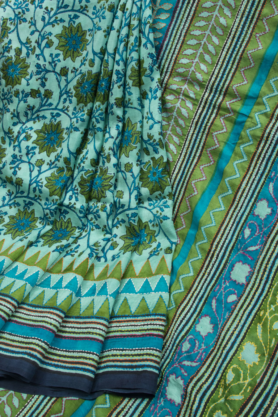 Pastel Blue Kantha Embroidered Silk Saree-Avishya