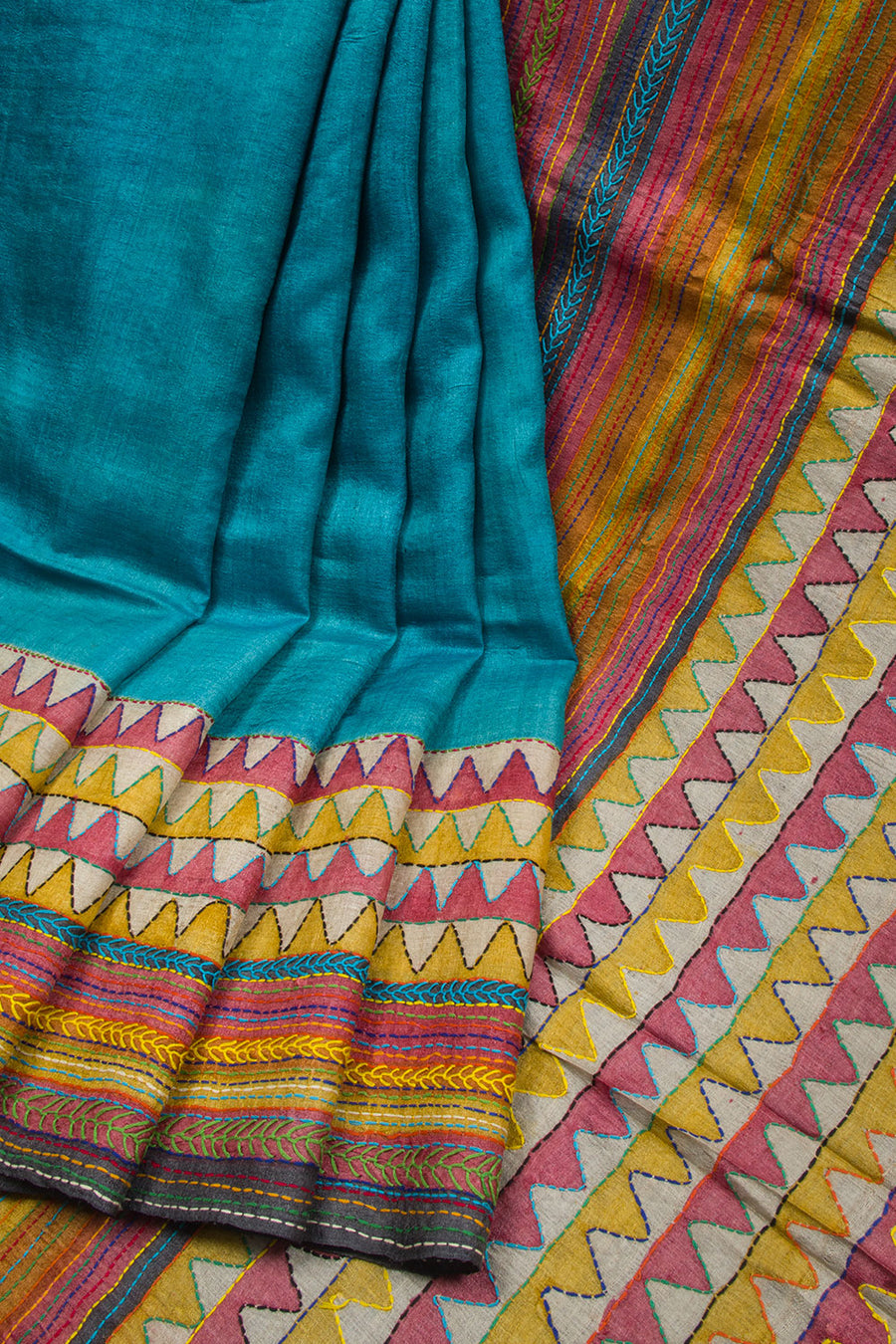 Sapphire Blue Kantha Embroidered Tussar Silk Saree -Avishya