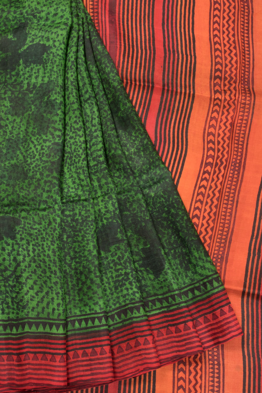 Hunter Green Hand Block Printed Tussar Silk Saree -Avishya