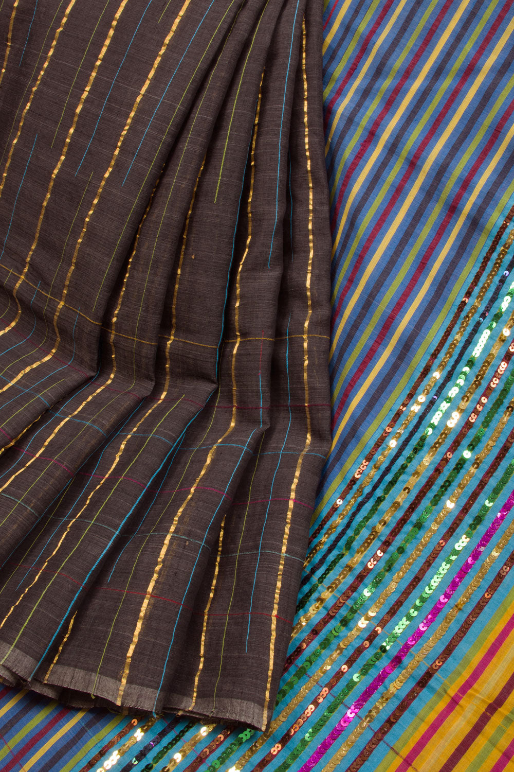 Dark Brown Tussar Cotton Sequin Embroidered Saree