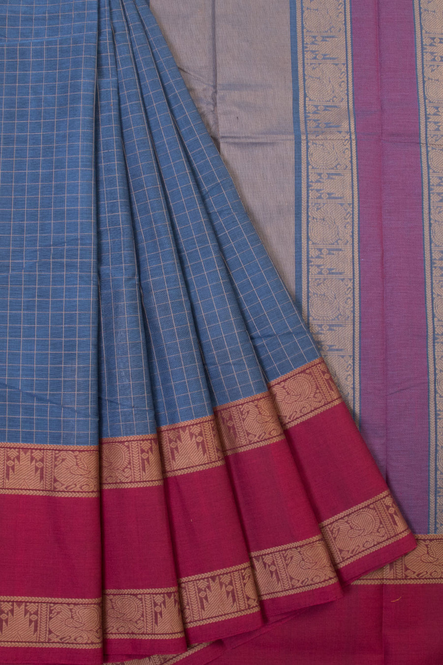 Steel Blue Handwoven Kanchi Cotton Saree - Avishya 