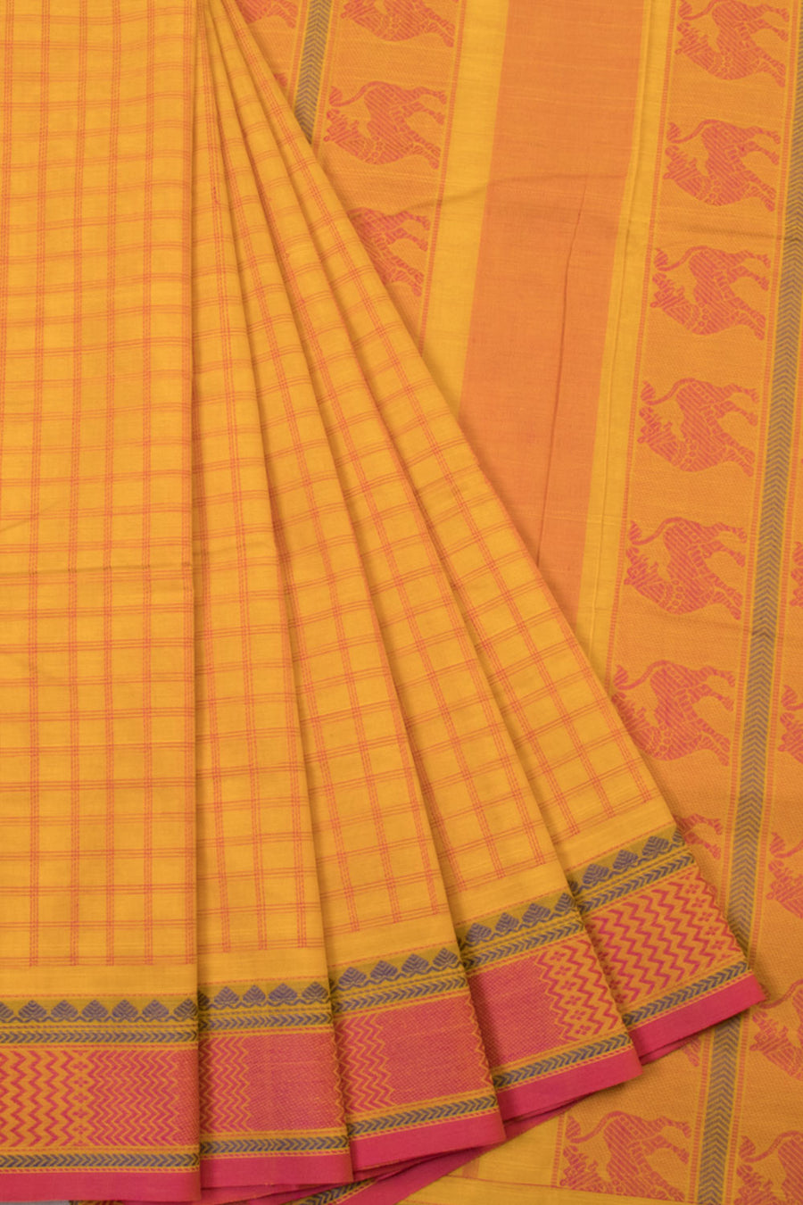 Cadmium Yellow Handwoven Kanchi Cotton Saree - Avishya