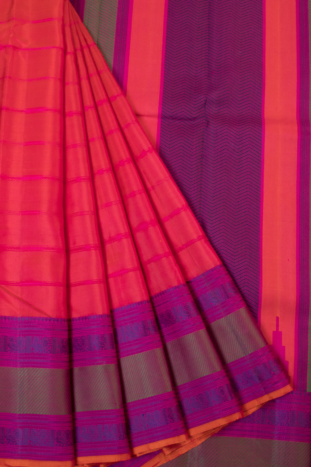 Orange Threadwork Handloom Kanjivaram Silk Saree - Avishya